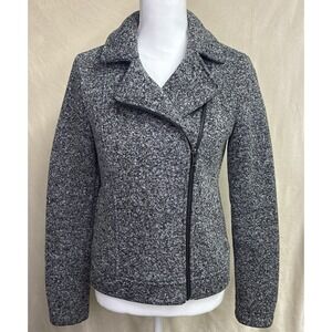 Banana Republic Moto Jacket Women's Small Black White Marled Knit Zip Academia